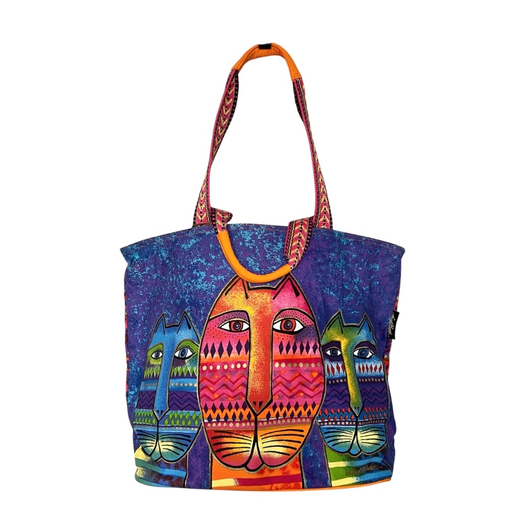 Laurel Burch Large Tote Bag with Cats Bright Purple Blue Orange NEW